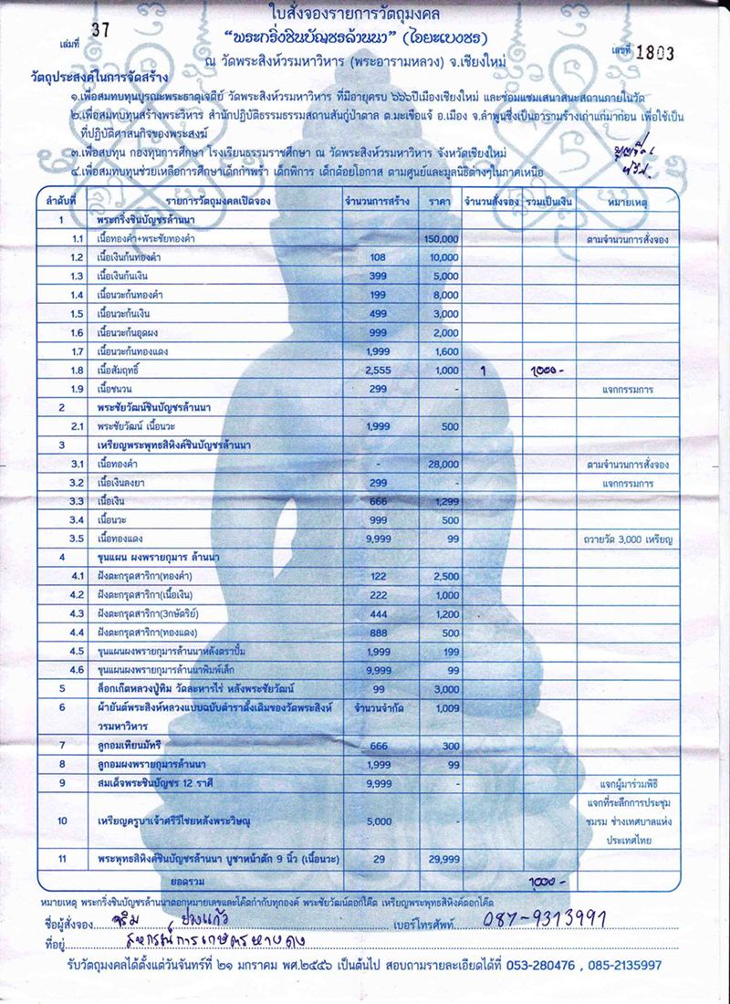 ขายใบจอง พระกริ่งชินบัญชรล้านนา(ไจยะเบงชร) เนื้อสำริด