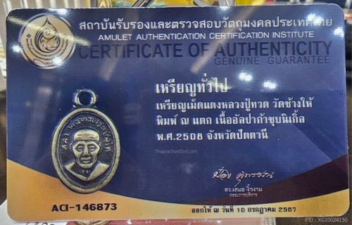 เหรียญเม็ดแตง หลวงปู่ทวดปี08 ณ แตก บัตรฯ