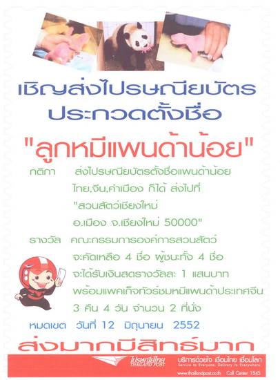 เชิญส่งไปรษณียบัตร ร่วมตั้งชื่อใหม่ "น้องอ้อแอ้" แพนด้าน้อย