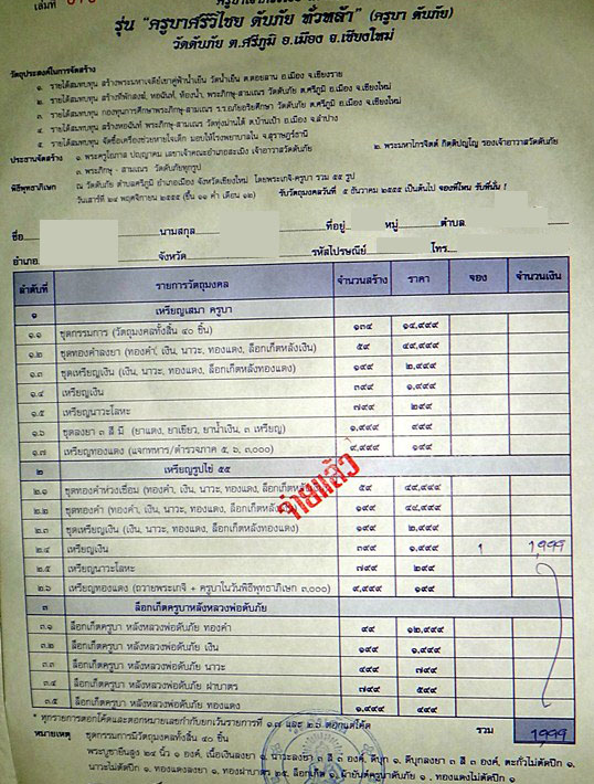 ใบจองครูบาดับภัย เหรียญเงิน 2  หนึ่งเคาะ